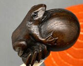 Hand carved teakwood netsuke of frog and a crab, ironwood netsuke frog, represents vitality and good fortune, signed by artist