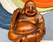 Hand carved Boxwood Happy Buddha, Hotei, happy buddha netsuke, japanese folk art, lucky god, hand carved and polished boxwood happy buddha