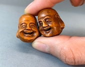 2 Hand carved Boxwood ojime of Happy buddha, buddha head beads, wood happy Buddha, Amitābha, signed by artist