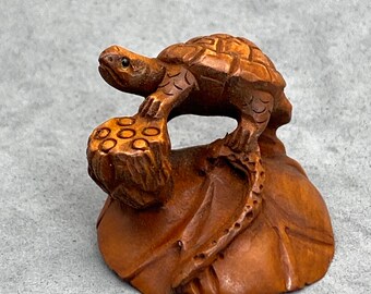 wood turtle toggle signed by artist healthy One hand carved boxwood ojime: turtle prosperity longevity wood turtle bead tortoise