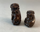 2 Teakwood Ojime of japanese mythical animal, Fu dog, ironwood temple lion, hand carved fu dog ojime, temple lion netsuke