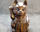 1 Hand carved teakwood ojime Maneki Neko, ironwood money cat to bring good luck to the owner, cat ojime, signed by artist