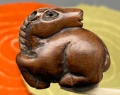 1 Hand carved Boxwood ojime of a horse, year of the horse, wood horse bead, vintage bead