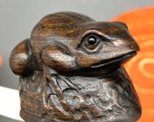 Hand carved teakwood netsuke of frog, ironwood netsuke frog, represents good fortune and vitality, signed by artist