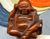 Hand carved Boxwood Happy Buddha, Hotei, happy buddha netsuke, japanese folk art, lucky god, hand carved and polished boxwood happy buddha