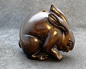 1 Teakwood Ojime of japanese animal bunny, ironwood rabbit, hand carved rabbit netsuke, hand carved hare, year of the rabbit, rabbit charm