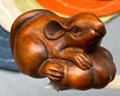 Hand carved Boxwood mouse, represents harvest and wealthy, mouse netsuke, mouse charm