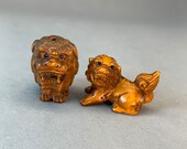 2 Hand carved Boxwood ojime of Japanese mythical animal, fu dog , temple lion, guardian