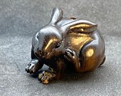1 Teakwood Ojime of japanese animal bunny, ironwood rabbit, hand carved rabbit netsuke, hand carved hare, year of the rabbit, rabbit charm