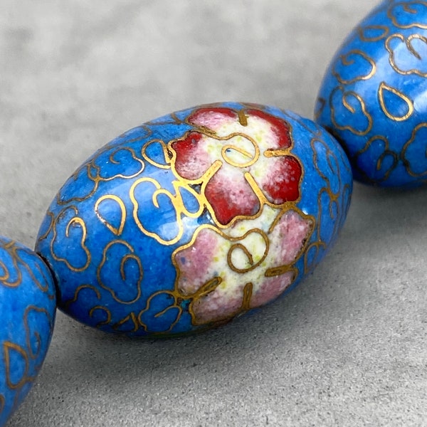 1 Vintage cloisonné beads: fine details, oval shape sky blue cloisonné beads with pink cherry blossom, prosperity bead, unusual shape