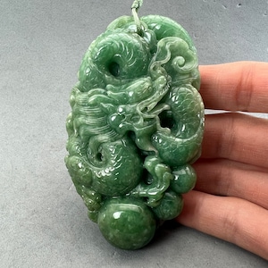 Estate Sale: Vintage Hand carved Jadeite pendant of dragon, year of the dragon, Massive, fine carving, natural color, fei cui, rare