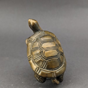May include: A small, intricately carved wooden turtle figurine with a golden brown finish. The turtle is facing upwards with its head tilted back, and its shell is detailed with a pattern of hexagonal shapes.