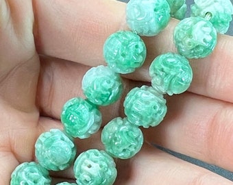Jade carving: one hand carved natural color jadeite bead, carved with flowers, apple green, translucent,  natural color fei cui