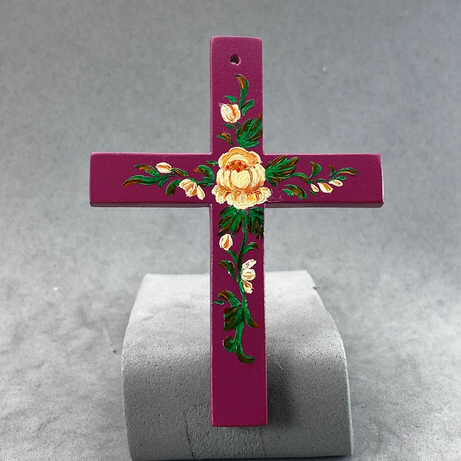 Fuchsia Wood Cross With Painted Bouquet Pendant, Drilled, Blue, Purple ...