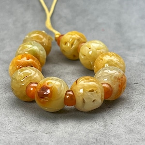 One strand of 10 natural color carved coin symbol jadeite bead, yellow jade bead, 12mm yellow fei cui bead,  natural color fei cui bead