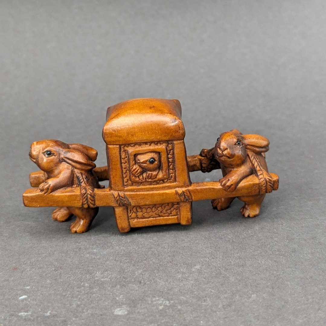 Wood Carving: Hand Carved Boxwood Bunny Netsuke, Rabbit Charm, Boxwood ...