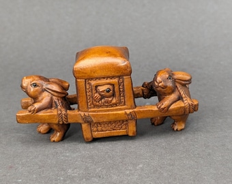 Houtsnijwerk: Handgesneden Buxus konijntje netsuke, konijn charme, buxus Haas netsuke, kunstenaar tekent netsuke, jaar van het konijn