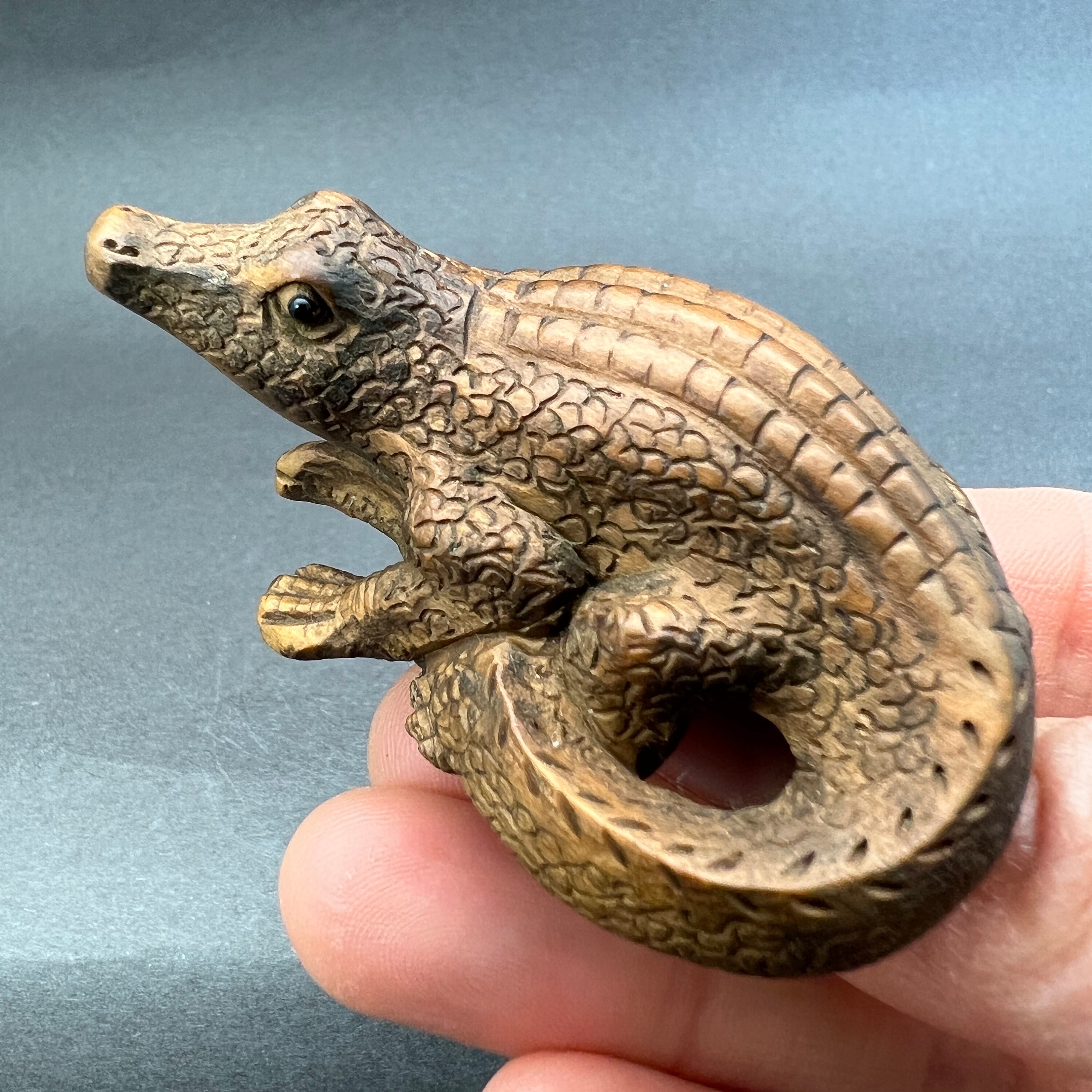 Hand Carved Boxwood Netsuke: Crocodile, Wood Crocodile Toggle