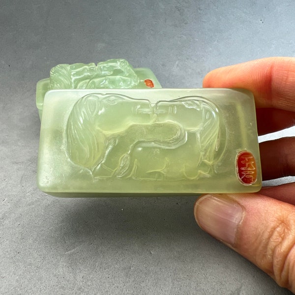 Chinese jade box with a pair of mother and baby horse, engraved with artist's name, vintage and rare