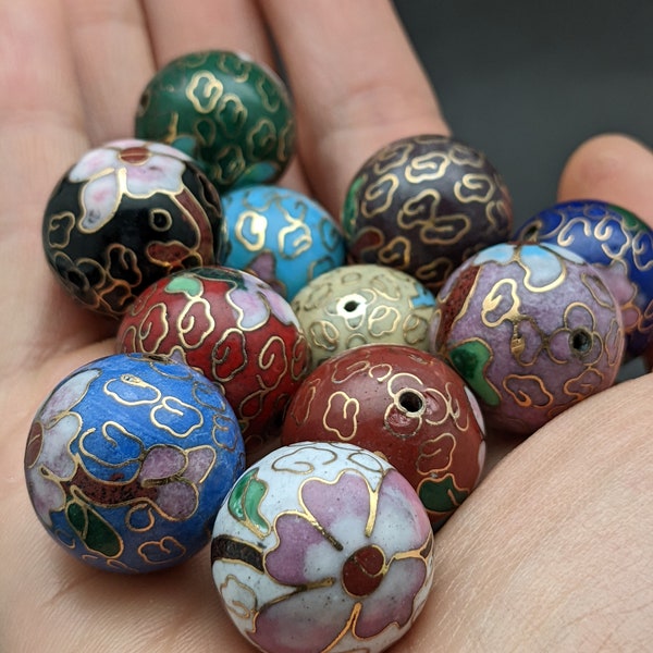 Vintage cloisonné beads: One bead of 18mm Extra Fine, cloisonné beads with pink cherry blossom, prosperity bead, rare, vintage cloisonné