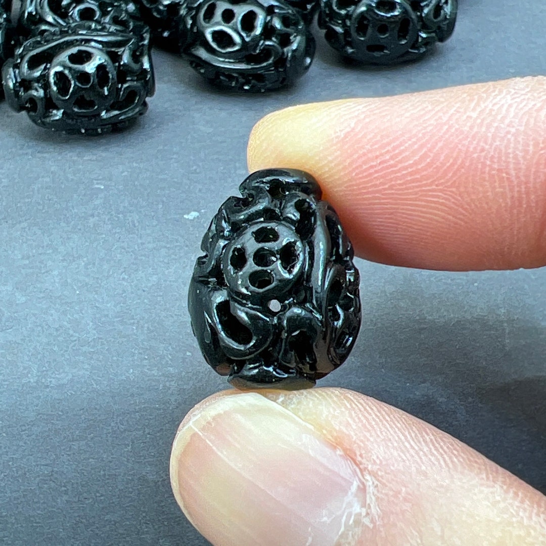 Jade Bead One1 Hand Carved Black Jade Bead, Woven, Black Jade Bead