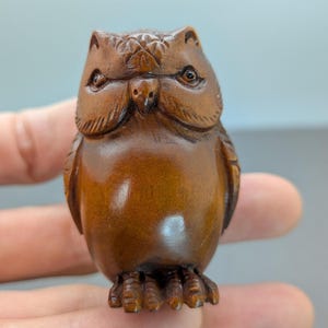May include: A small, intricately carved wooden owl figurine. The owl is a rich brown color with detailed feather and eye carvings. The figurine has a smooth, polished finish, and the owl's expression appears serious.