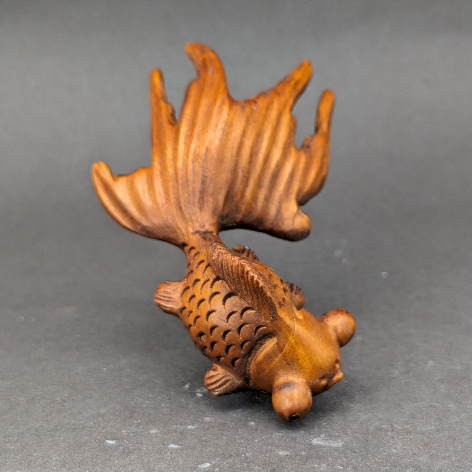Hand Carved Boxwood Gold Fish Netsuke, Wood Gold Fish