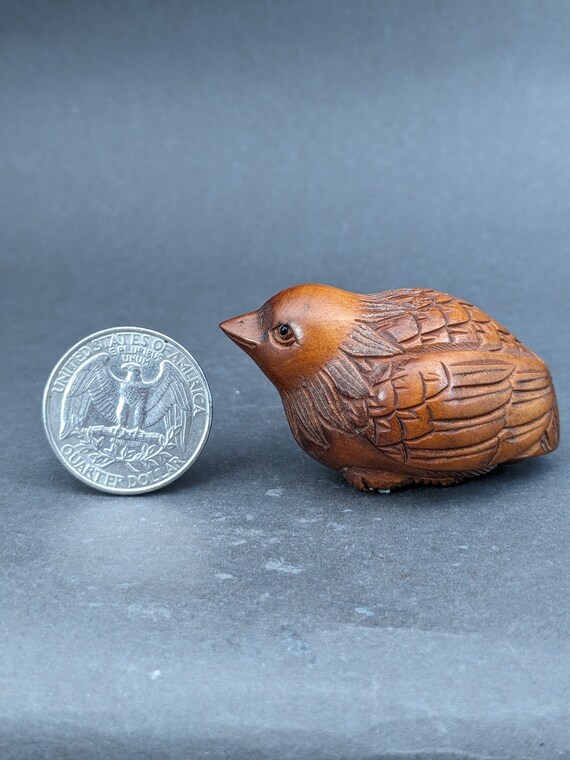 Hand Carved Boxwood Bird Netsuke, Wood Bird Charm, Symbol of