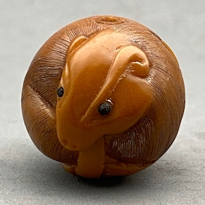 May include: A round, brown, wooden bead with a carved image of a badger. The bead has a smooth, polished surface and is a traditional Japanese netsuke.
