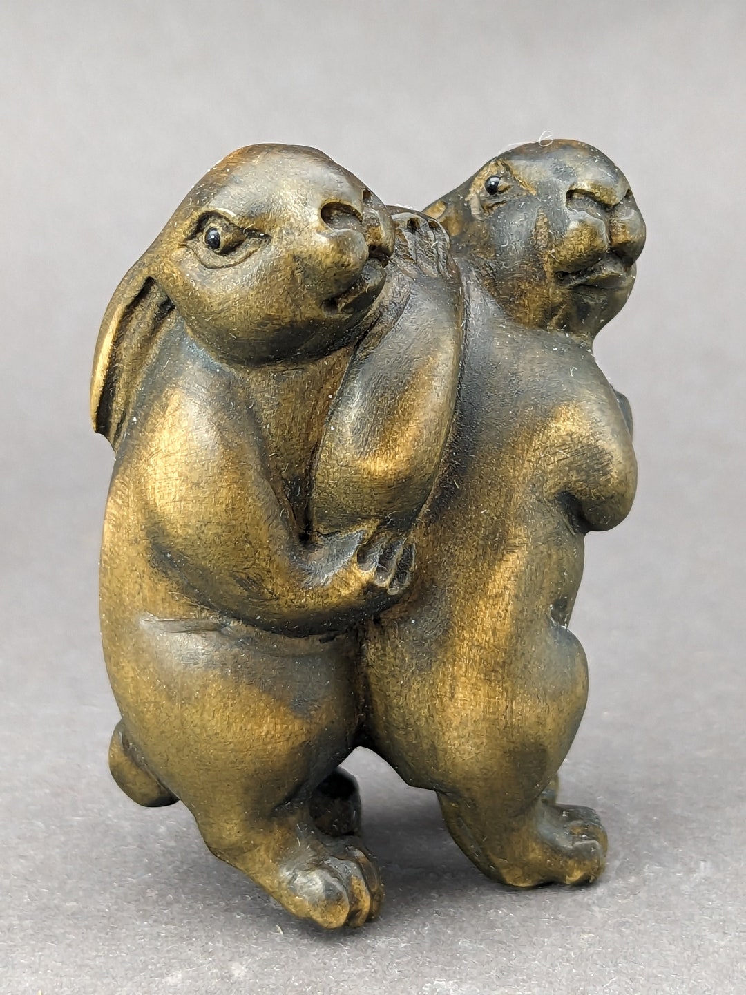 Hand Carved Boxwood Mother and Baby Rabbit Netsuke, Year of Hare ...