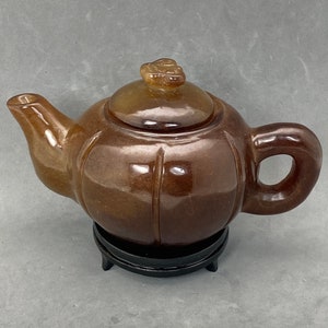 Estate Sale: Vintage Hand carved Nephrite Jadeite teapot, carved nephrite jade pumpkin shape teapot, represents good harvest and prosperity