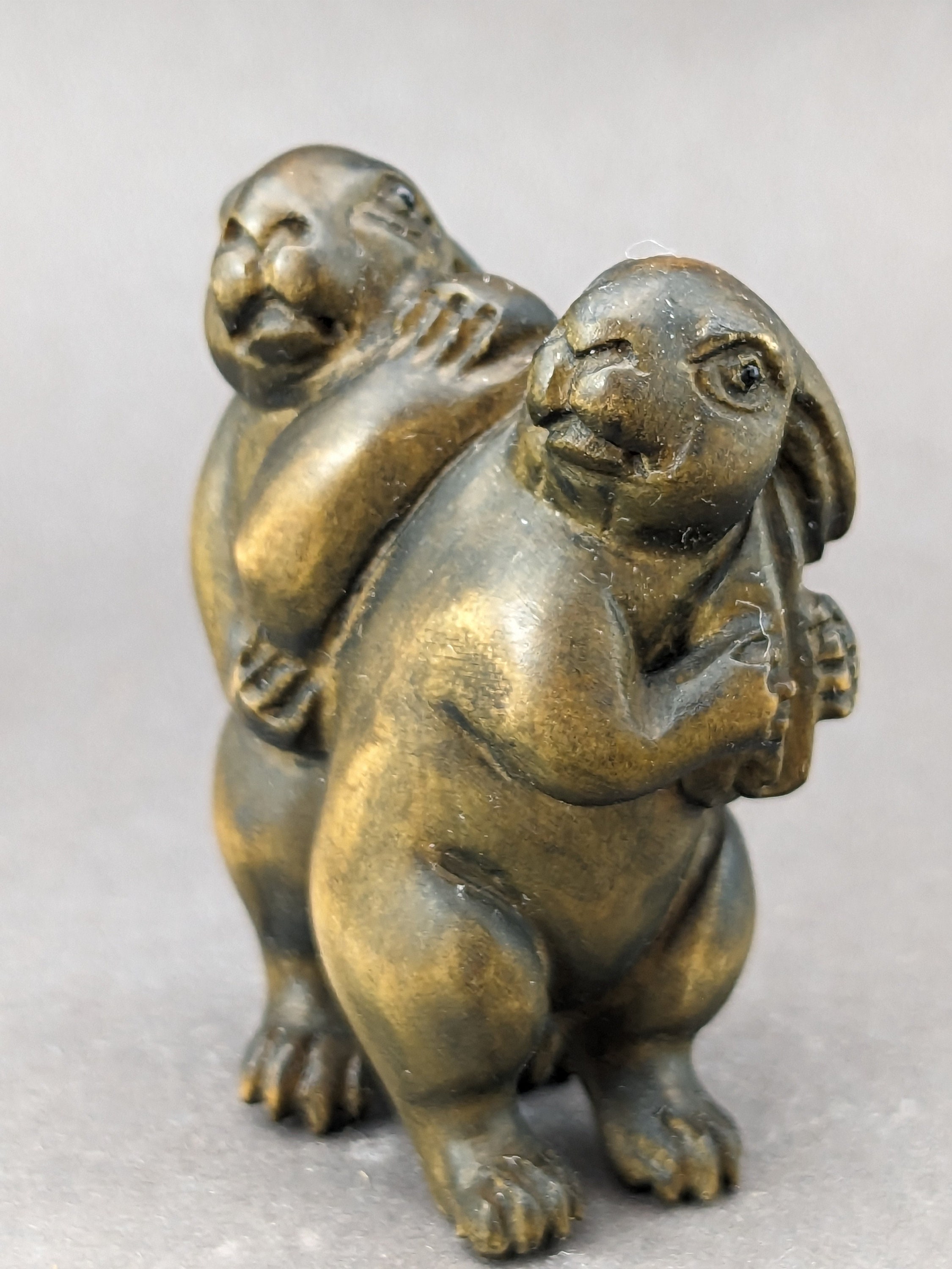 Hand Carved Boxwood Mother and Baby Rabbit Netsuke, Year of Hare ...