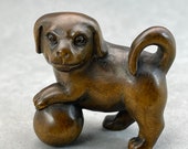 Hand carved Boxwood netsuke dog pup, year of dog, lucky dog charm, wood lucky charm of dog, boxwood dog netsuke, signed by artist