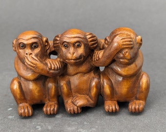 Netsuke scimmia malvagio in legno di bosso intagliato a mano, non sentire il male, non parlare del male, non vedere il male