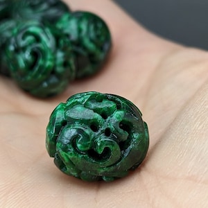Jade carving: One hand carved natural color oval jadeite bead, carved with dragon and longevity symbols, jade dragon bead, natural fei cui