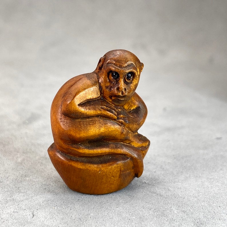 wood monkey bead symbol of prosperity and wisdom year of the monkey One hand carved boxwood ojime: Monkey signed by the artist