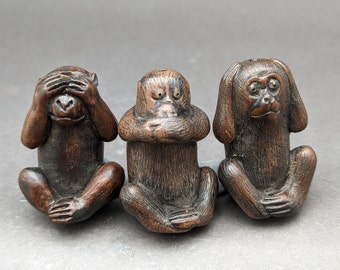 Wood carving: One set of 3 buddha's monkey charm, see no evil, hear no evil and speak no evil monkey beads, vintage monkey beads