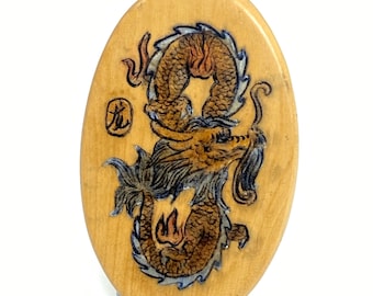 Boxwood pendant: Hand painted dragon in gold, hand painted dragon pendant, drilled top to bottom, year of the dragon, prosperity charm