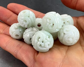 Jade carving: 1 round hand carved natural color jadeite bead, carved with dragon and longevity symbols, oval bead, natural color fei cui