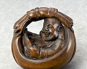 Wood carving one Hand carved Boxwood Happy Buddha, Hotei, happy buddha netsuke, hand carved and polished boxwood happy buddha