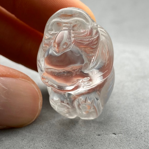 1 Vintage Hand carved clear quartz monkey charm, rock crystal monkey bead, year of the monkey, white quartz monkey bead