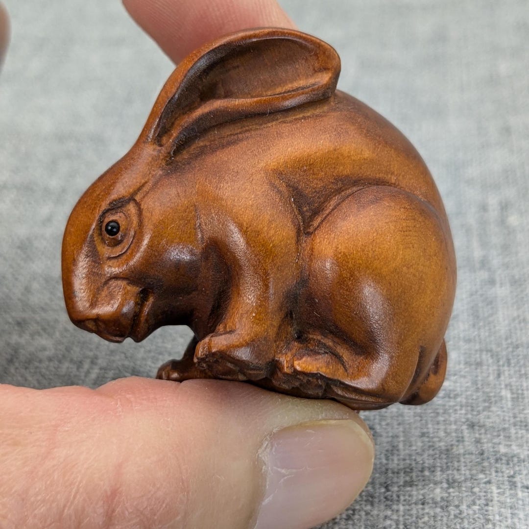 Hand Carved Boxwood Netsuke of Rabbits, Year of Hare, Rabbit Charm ...