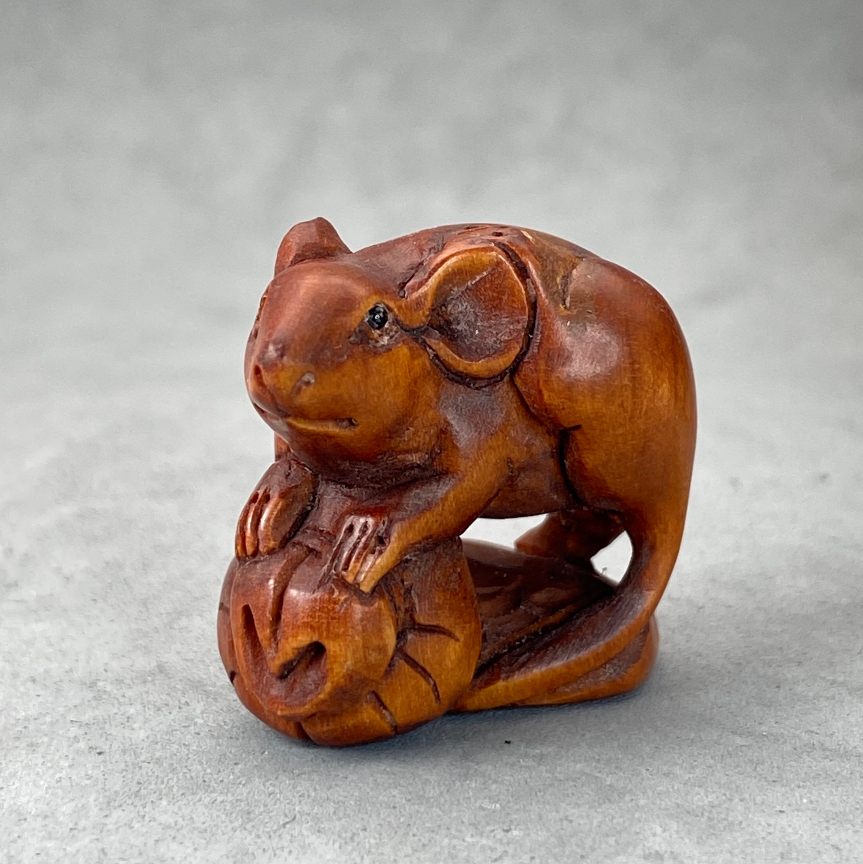 1 Hand Carved Boxwood Ojime: Mouse in a Mushroom, Symbol of Wealth