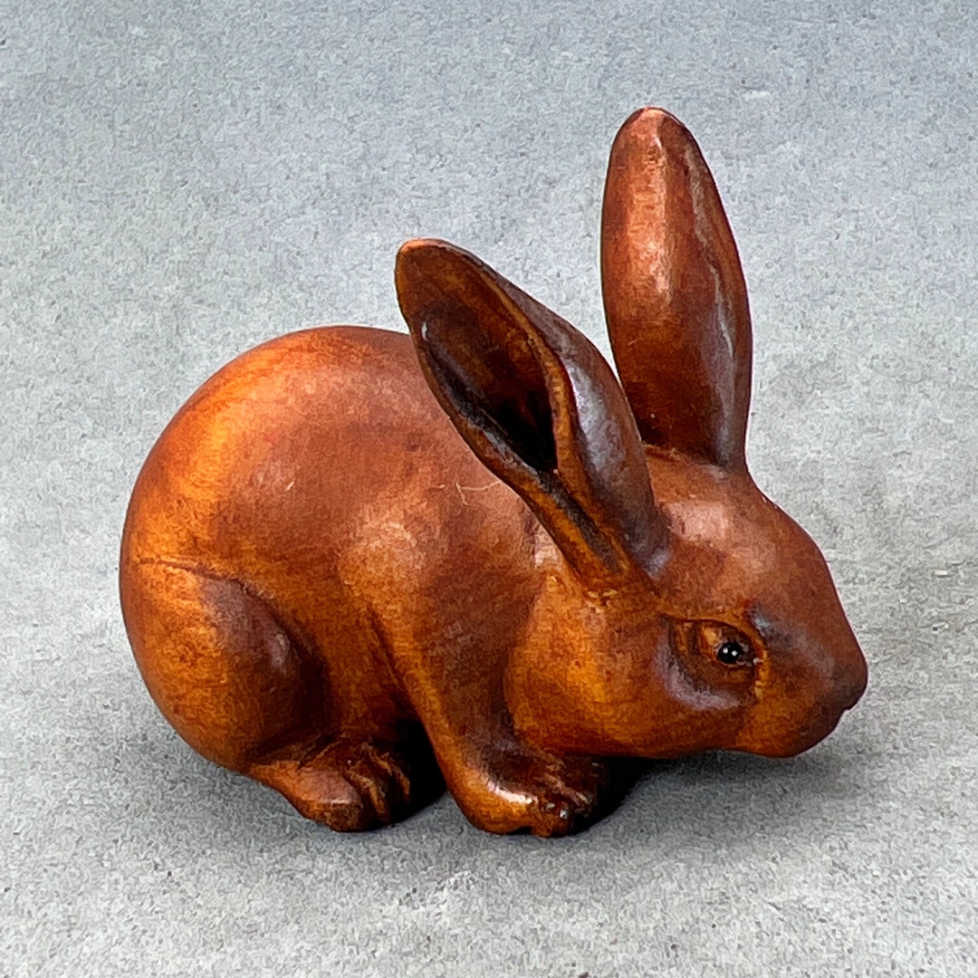 Boxwood Rabbit Wood Carving: Hand Carved Boxwood Netsuke of Rabbits, Year of Hare ...