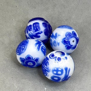 1 Vintage Peking glass beads of overlay blue monochrome carved with longevity and lucky symbol, vintage peking glass bead, focal bead, blue