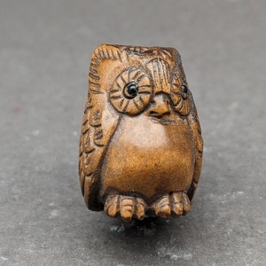 Peut inclure: Une figurine de hibou en bois sculpté à la main avec des détails complexes. Le hibou a de grands yeux noirs et une palette de couleurs brun et beige.