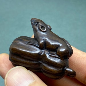Puede incluir: Una talla de madera marrón oscuro de un ratón sentado sobre una calabaza. El ratón está mirando hacia la derecha y tiene una cara detallada con ojos pequeños.