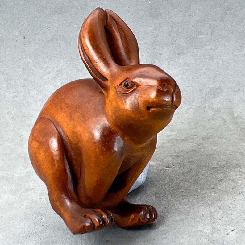 Hand Carved Boxwood Netsuke of Rabbits, Year of Hare, Rabbit Charm ...
