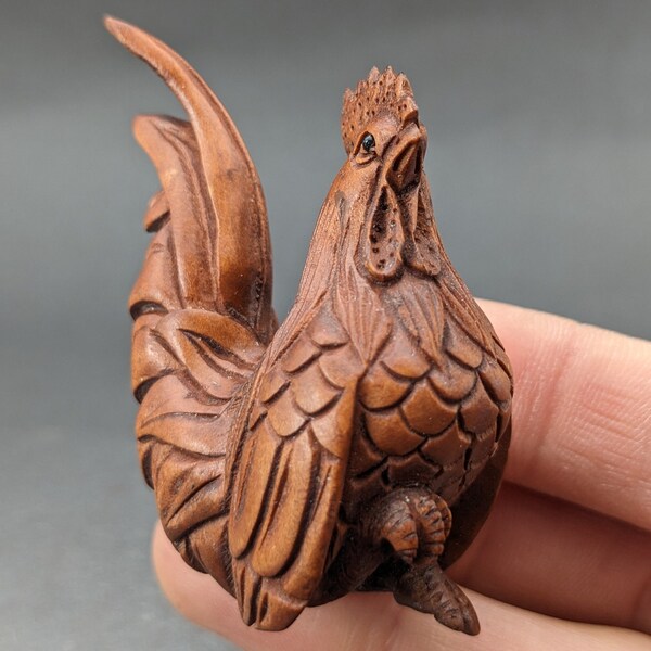 Hand carved Boxwood rooster netsuke, wood rooster netsuke, boxwood rooster netsuke, year of rooster, prosperity rooster charm