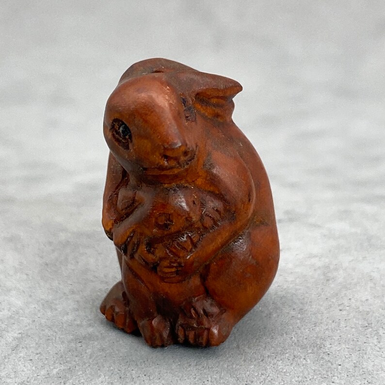 signed year of the hare hare One hand carved boxwood ojime: Mother and cub bunny wood rabbit charm rabbit kimono accessory toggle